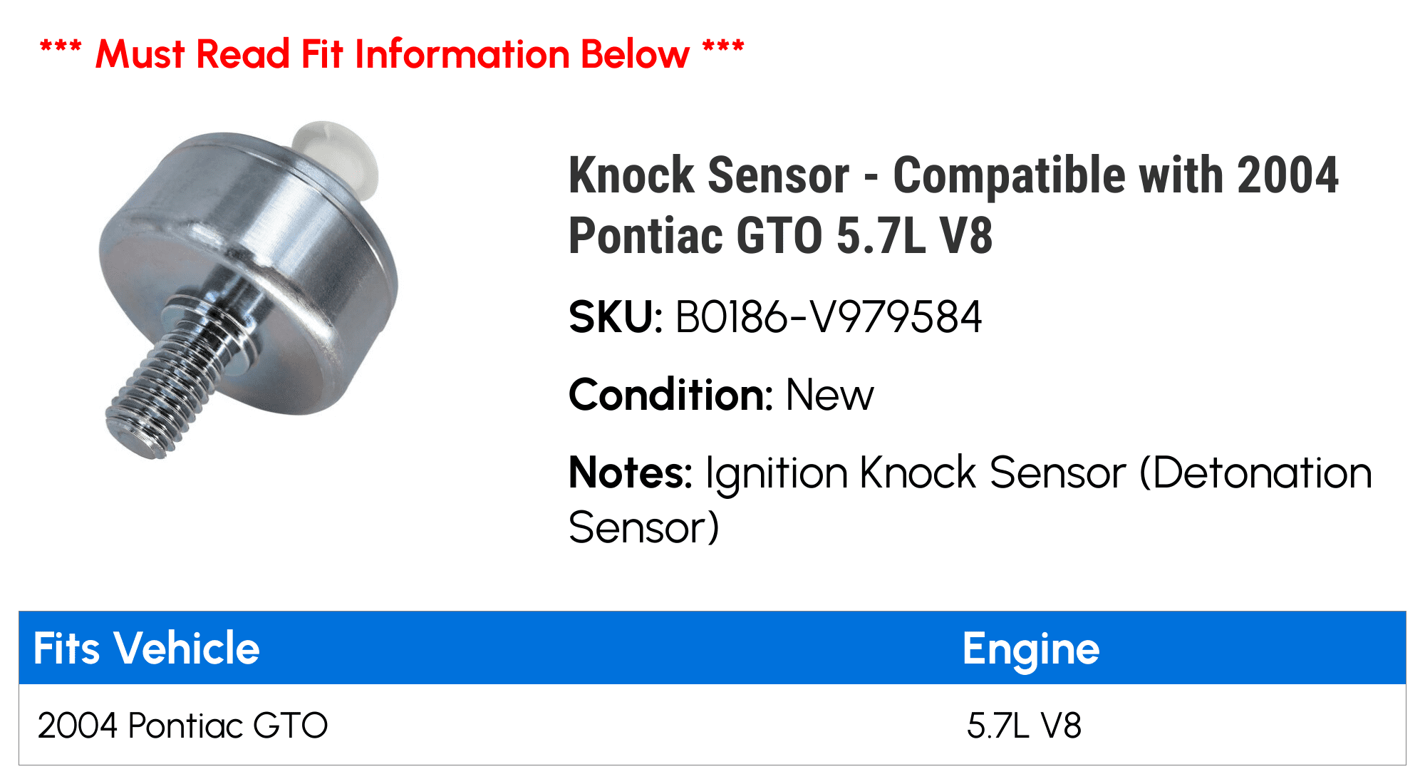 Knock Sensor - Compatible with 2004 Pontiac GTO 5.7L V8