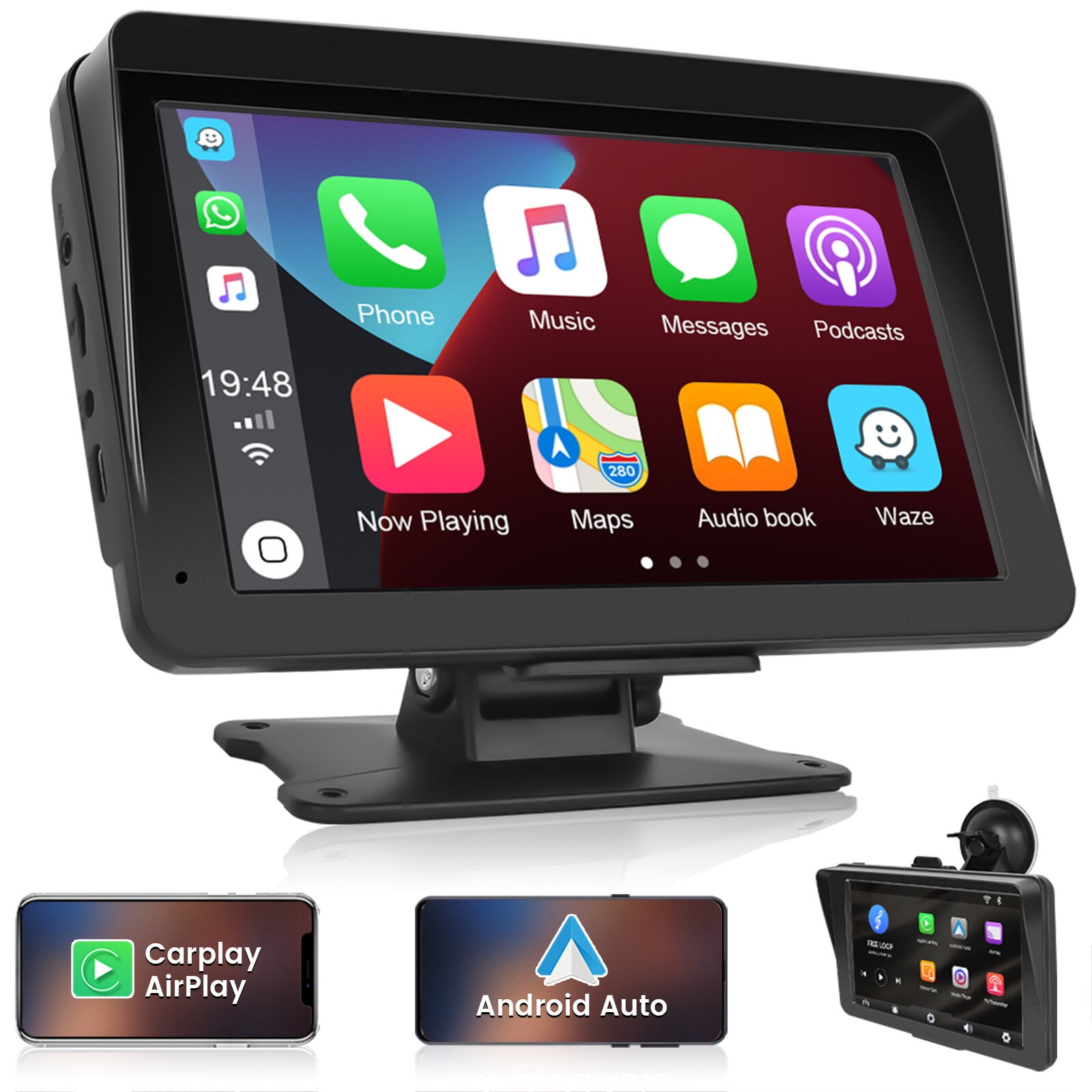 Podofo 2023 732V Portable Dashboard Mounted 7" Touchscreen Car Stereo Radio with Wireless Apple