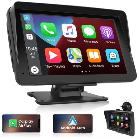 Podofo 2023 7-32V 7" Touchscreen Portable Dashboard Mounted Vehicles Car Stereo Wireless Apple Carplay Android Auto Mirror Link Car Mp5 Player FM Radio Receiver Bluetooth GPS Voice Control Type C
