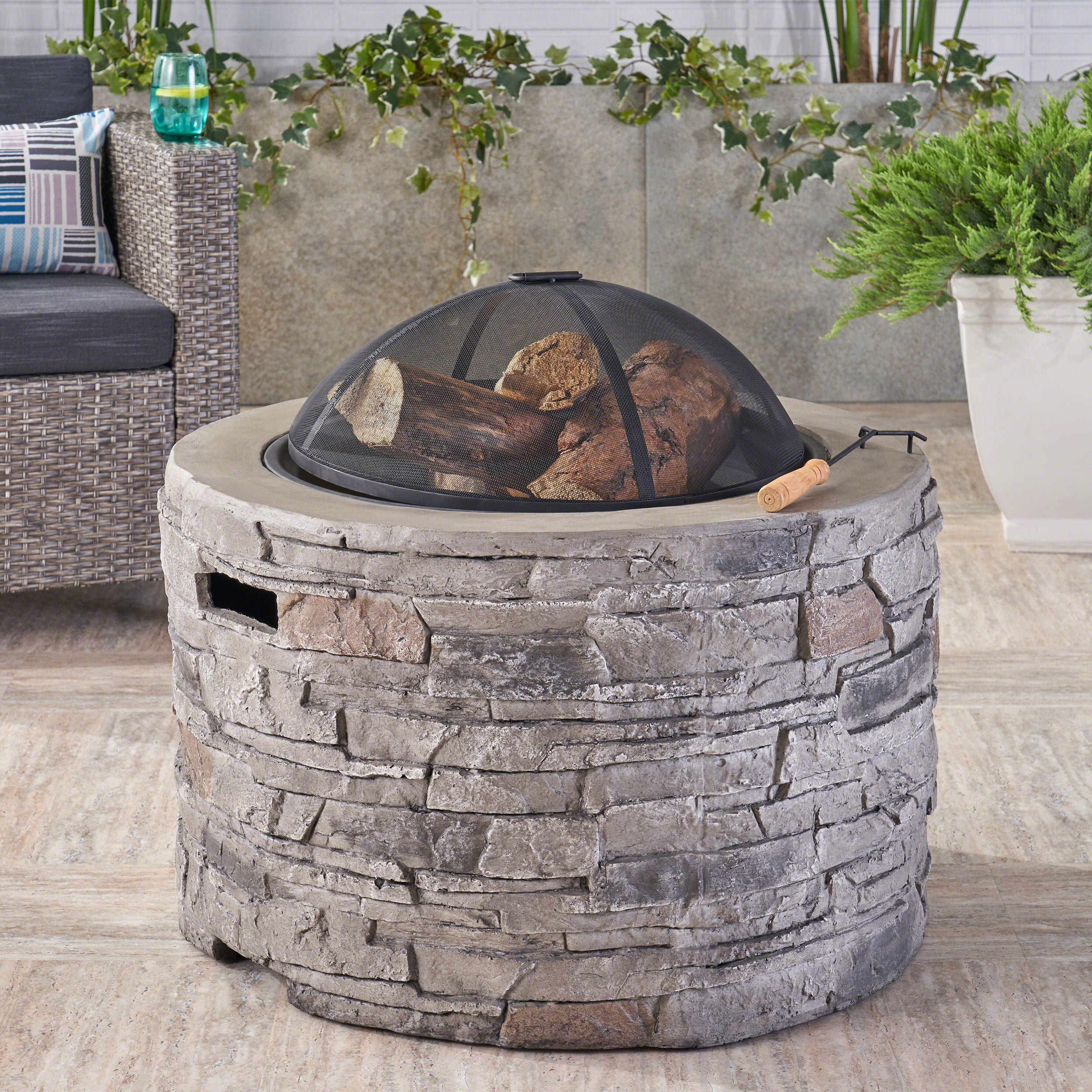 Outdoor 32" Wood Burning Light-Weight Concrete Round Fire Pit, Grey ...
