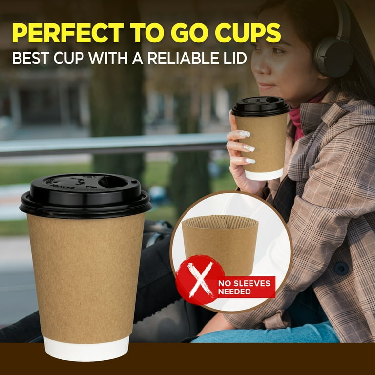 50 Pack] Disposable Coffee Cups with Lids - 12 oz Kraft Brown Double Wall  Insulated Coffee Cups with Black Dome Lid - Kraft Reusable Coffee Cups with  Lids - To Go Chocolate