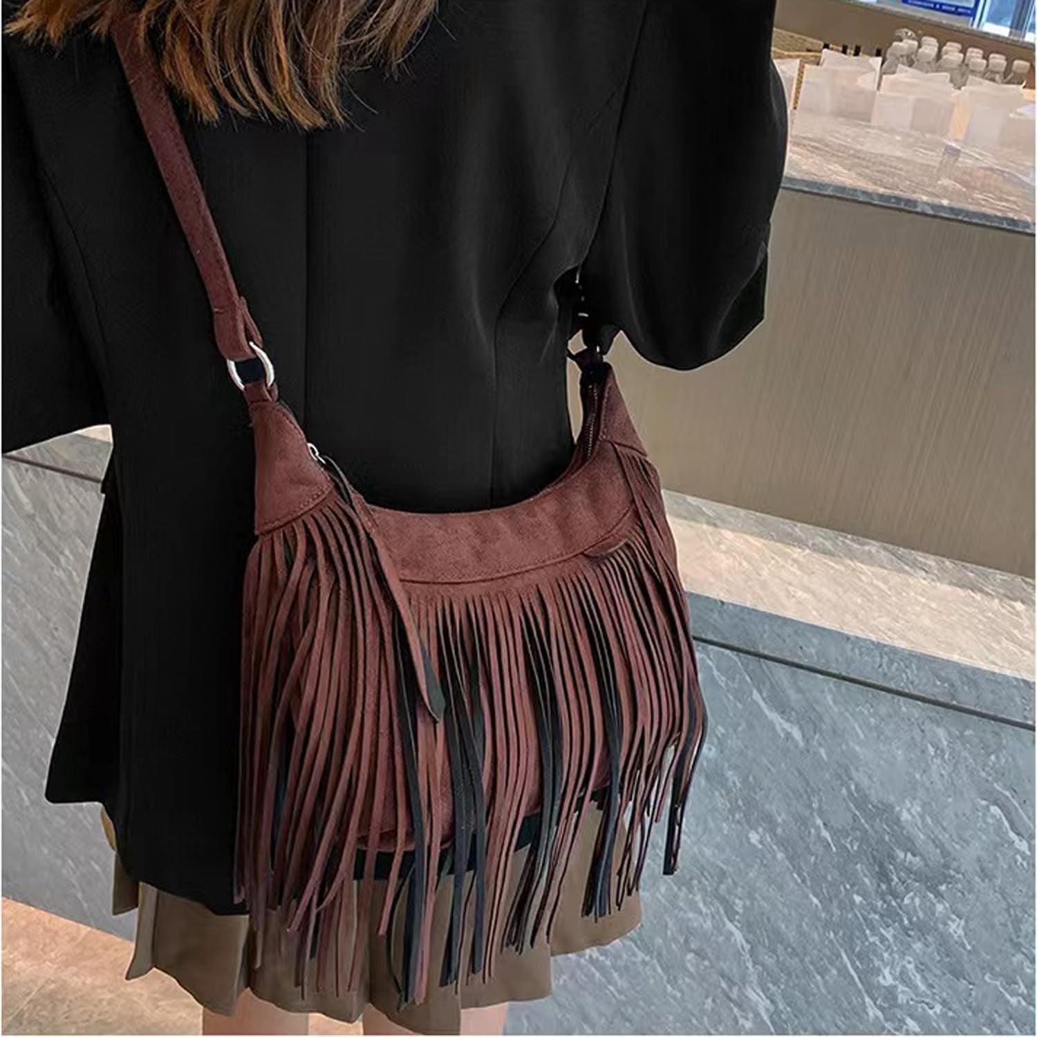 Women Fashion Fringe Purse Crossbody Bags Vegan Suede Hippie Tassel Hobo Shoulder Bag Vintage Handbags