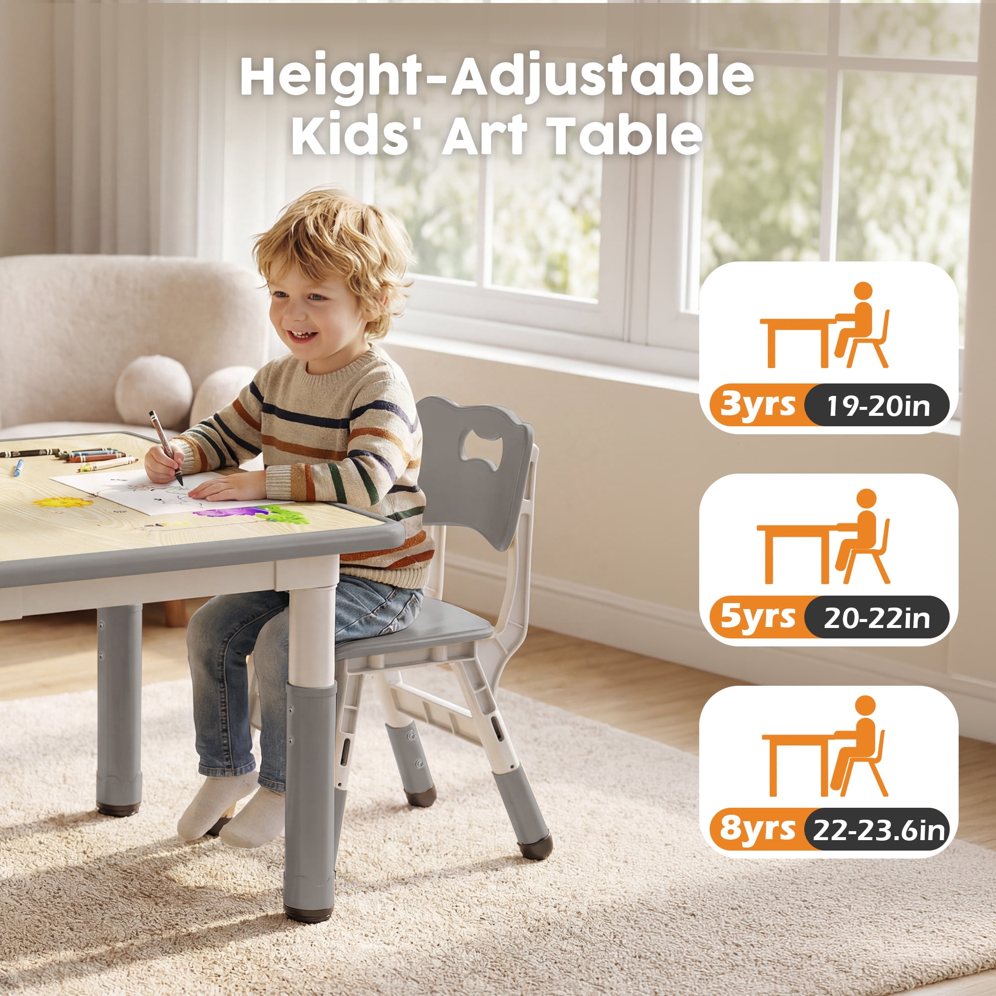 LINLUX Kids Table and 4 Chairs Set, Height Adjustable Table & Chairs, Spacious Activity Table for Toddlers, Gray