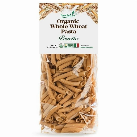 Organic Pennette Whole Wheat Pasta 1.1 lb (Pack of 1) – Made in Italy. Pasta Integrale Bio. High Fiber, Non-GMO, Vegan, Bulk - by Food to Live