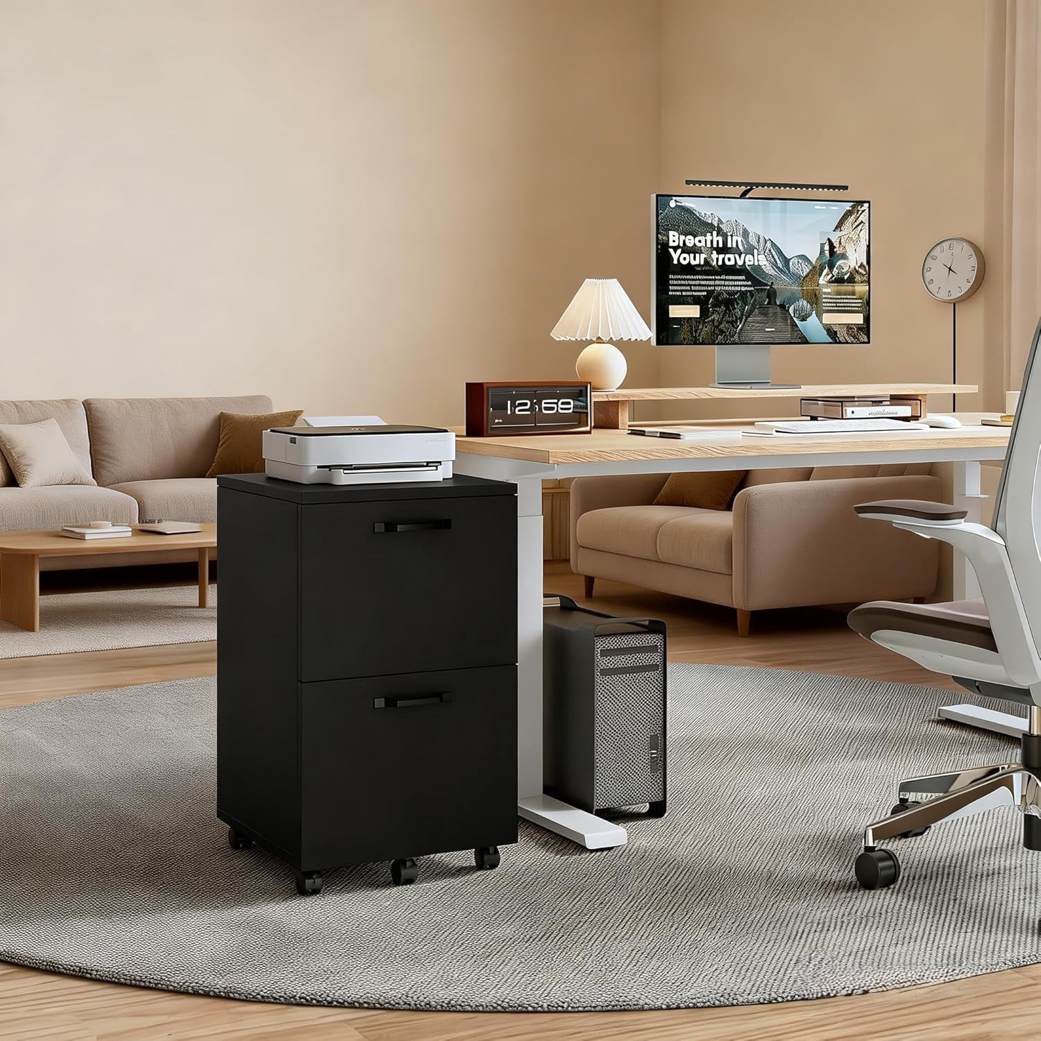 2 Drawer Filing Cabinet, Wood Rolling Cabinets with Printer Stand, Under Desk Storage Lockable Wheels, Home Office Organizer for A4 Letter Legal Size Documents,Black