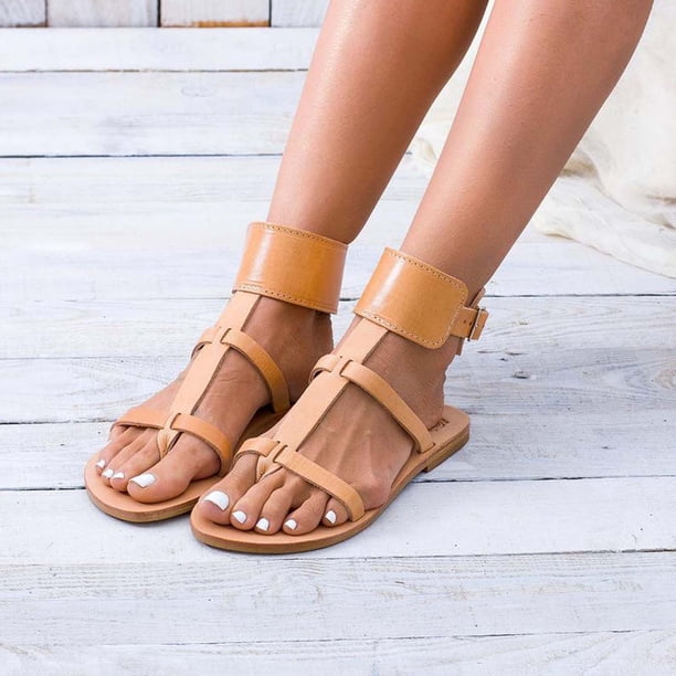 Sandalias de cuero negro de verano para mujer, zapatos con puños al tobillo, chanclas, zapatos planos Wmkox8yii shjk5024