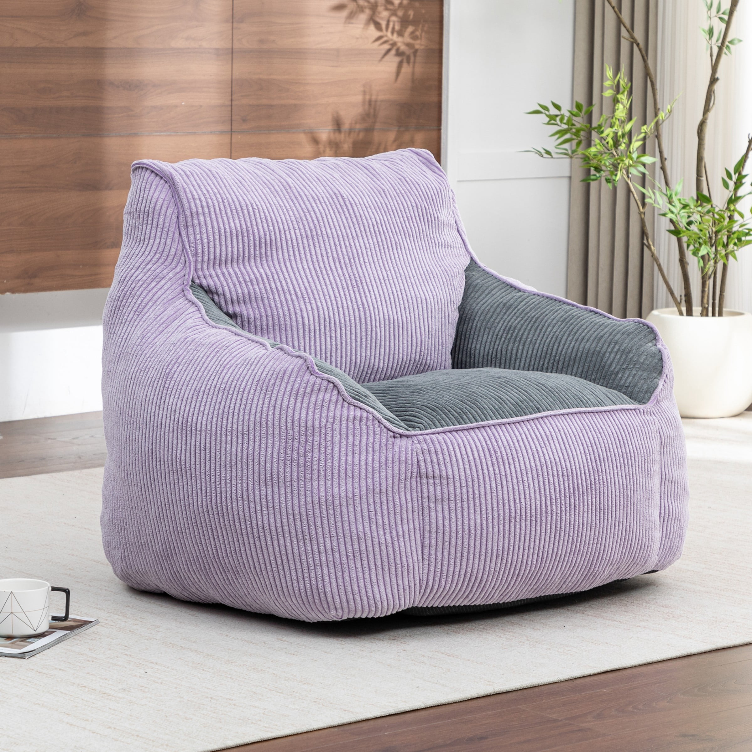 Giant Bean Bag Chair Sofa for Adults, Corduroy Bean Bag Couch with Armrests and Filler Included, Lazy Floor Chair for Living Room Bedroom, Purple