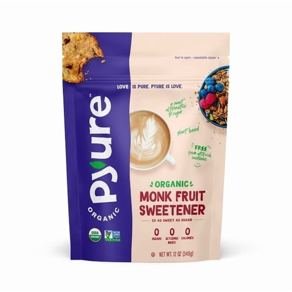 Pyure Organic Monk Fruit Sweetener | White Sugar Substitute for Baking, Coffee & Tea | Zero Carb, Zero Calorie, Keto, Plant-Based, Non-GMO, Gluten-Free, USDA Organic | 12 oz Granulated Blend