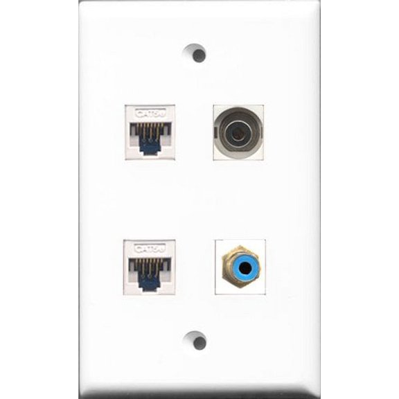 RiteAV - 1 Port RCA Blue and 1 Port 3.5mm 2 Port Cat5e Ethernet White Wall Plate