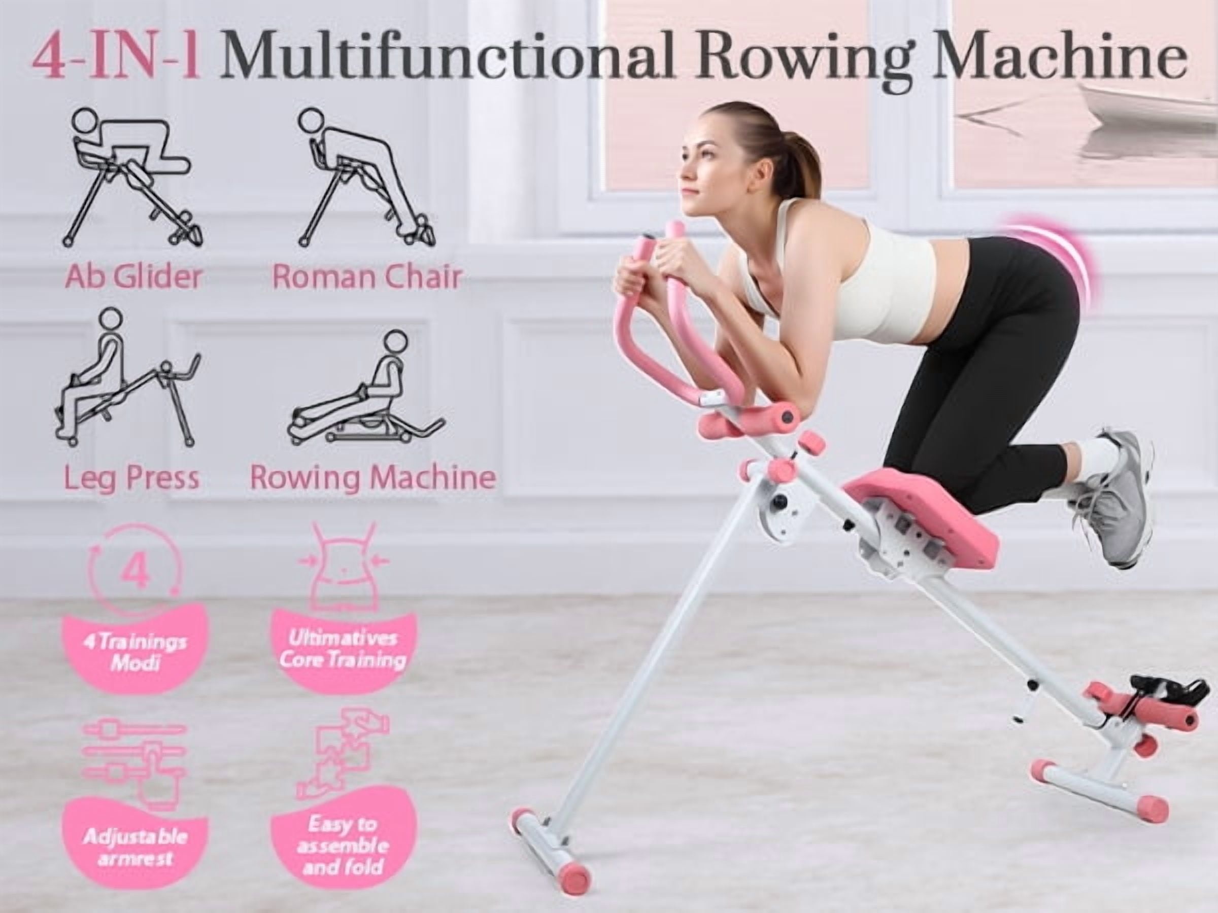 Korogimeeet 4-in-1 Rowing Machine, Ab Glider Roman Chair Leg Press, 120kg Bearing Capacity, Comfortable 3D Seat, Smooth Quiet Slide Rail, 53 x 14 x 13 Inch