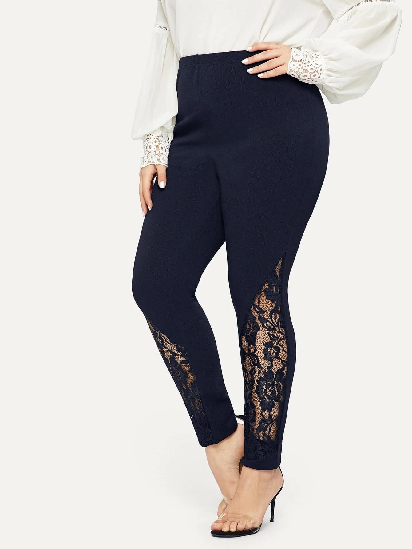 Elastic Waist Lace Insert Leggings 3XL 