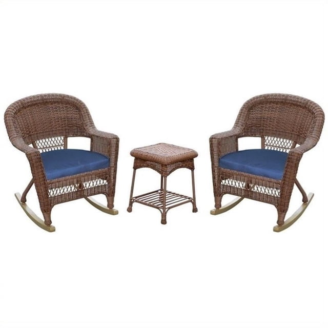 Afuera Living 3pc Wicker Rocker Chair Set in Honey with Blue Cushion