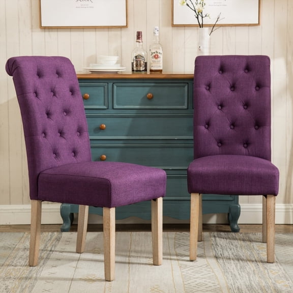 Solid Wood Purple Tufted Parsons Dining Chairs - 2-Pack with Non-Slip Pads