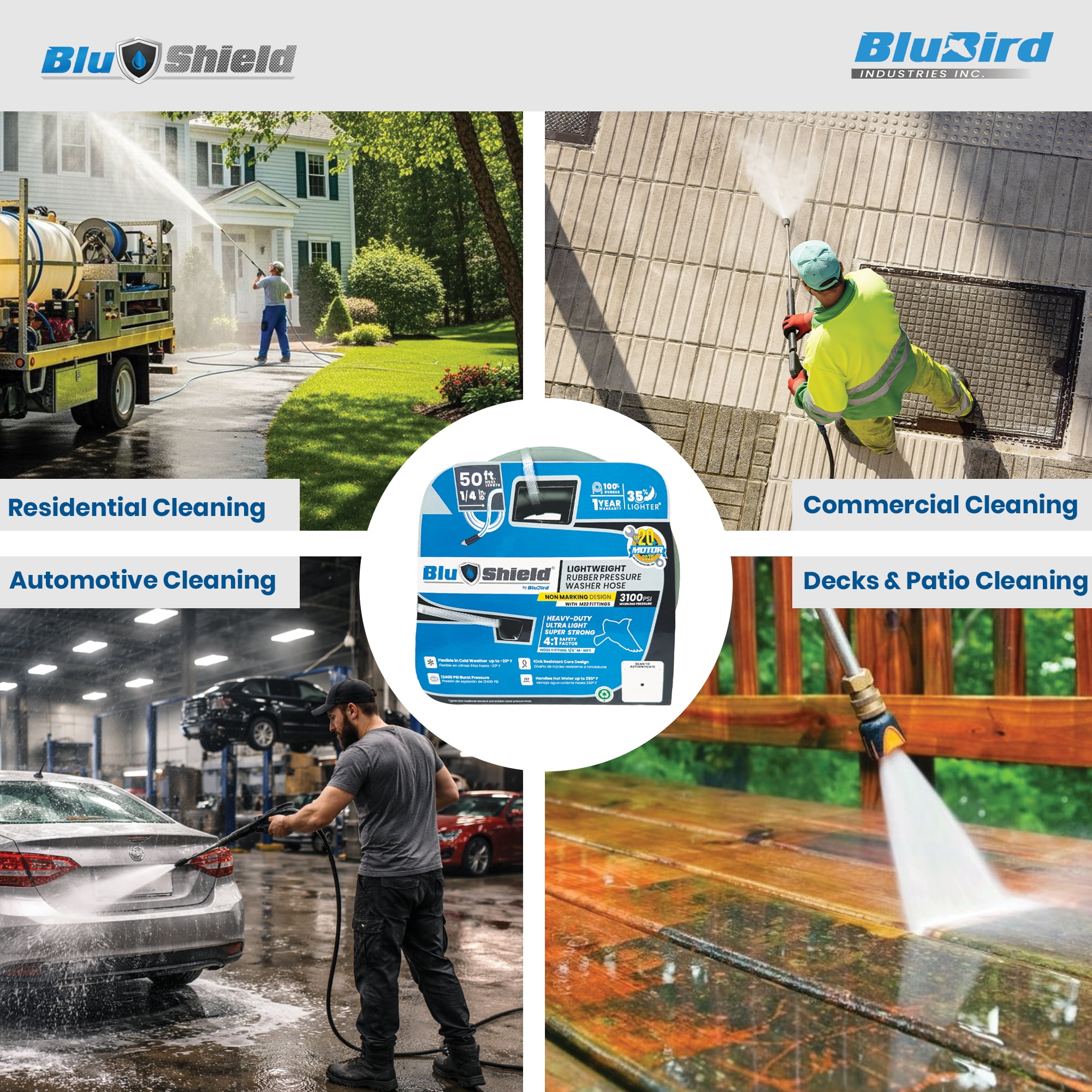 BluShield 1/4" x 50' Polyester Braided Rubber Pressure Washer Hose, 3100 Psi, Handle 250°F Hot Water, Heavy Duty, 35% Lighter, Flexible (1/4" x 50' M22 Non Marking)