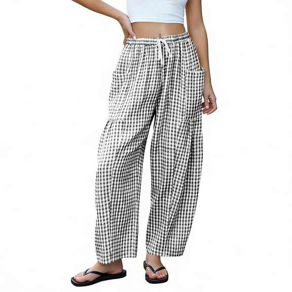 Guluxicc Womens Plaid Print Long Pants Elastic Waist Casual Trousers with Side Pockets Loose Fit Pants for Outdoor