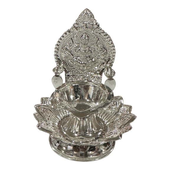 925 Sterling Silver Hallmarked Lotus Kamakshi Deepak (Diya) Deepak Height & Capacity: 3.5" Diya (Ht =3.5 inch Wt =30 grams)