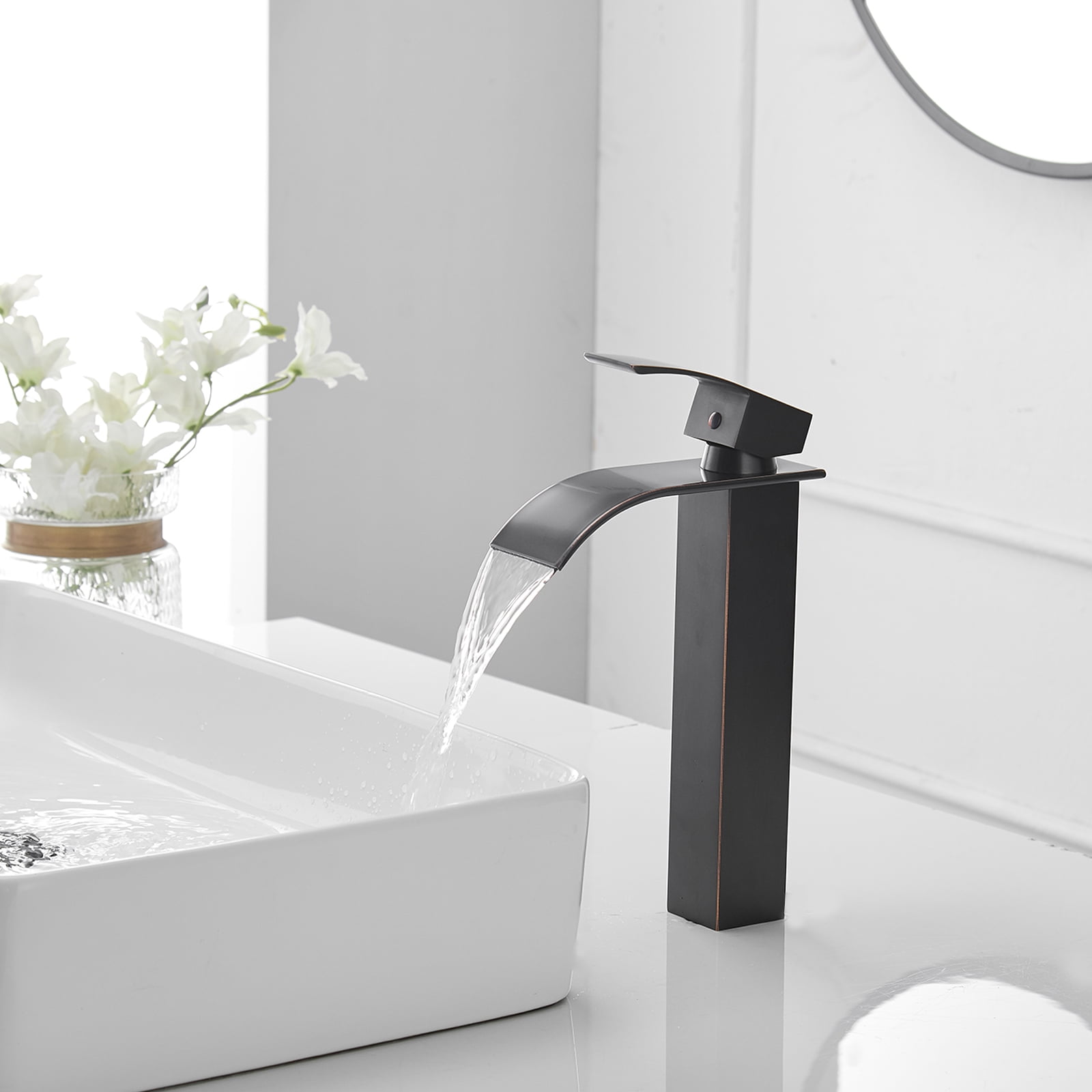 BWE Vessel Sink Faucet Modern Waterfall Oil Rubbed Bronze Single Hole Bathroom Faucet Single Handle with Pop up Drain Without Overflow Assembly Vanity Basin Bath Sink Faucets Mixer Tap