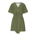 thumbnail image 5 of NXMZXB Womens Spring Summer Dresses 2025 Casual Solid Color Tunic Dress Short Sleeve Button V Neck Flowy Swing Mini Shift Dress with Pockets Army Green S, 5 of 10