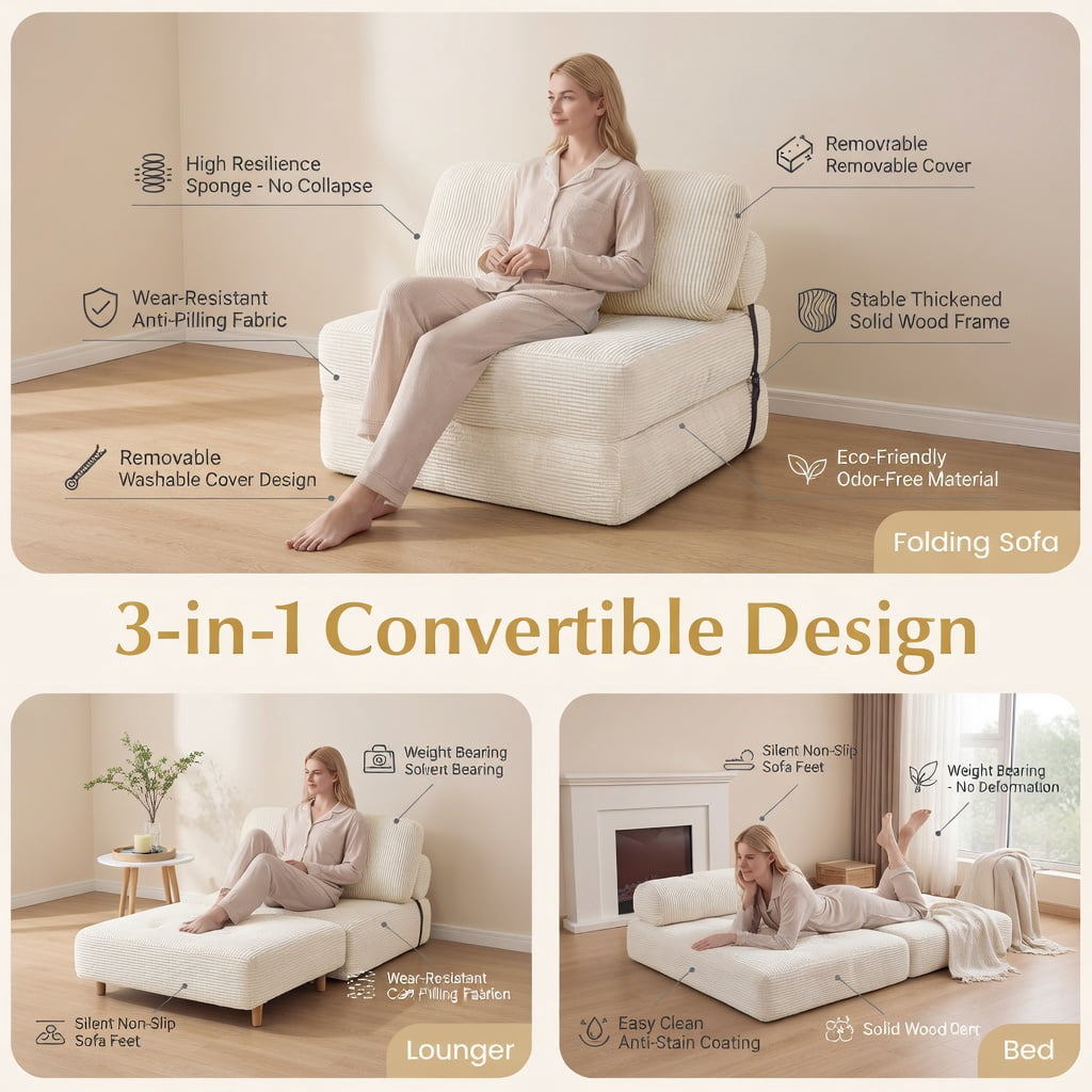 Hommoo 3-in-1 Folding Sofa Bed with Pillow & Back Support, Corduroy Upholstered Convertible Loveseat for Living Room, Guest Room, Beige