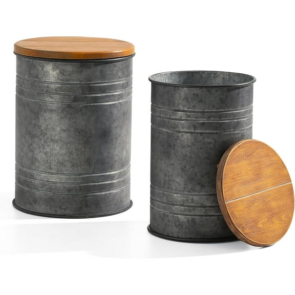 MY Rustic End Table Set of 2, Farmhouse Galvanized Metal Barrel Ottoman Storage Stool with Round Wood Lid for Living Room Furniture, Grey