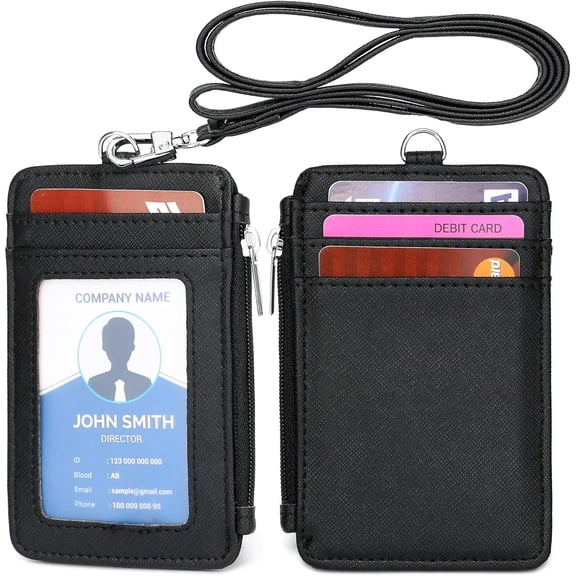 Leather ID Badge and Card Holder with Lanyard - Adjustable Retractable Waterproof ID Name Tag Badge Holder Fit for Offices School Driver License Students Employees ID Badge Holder