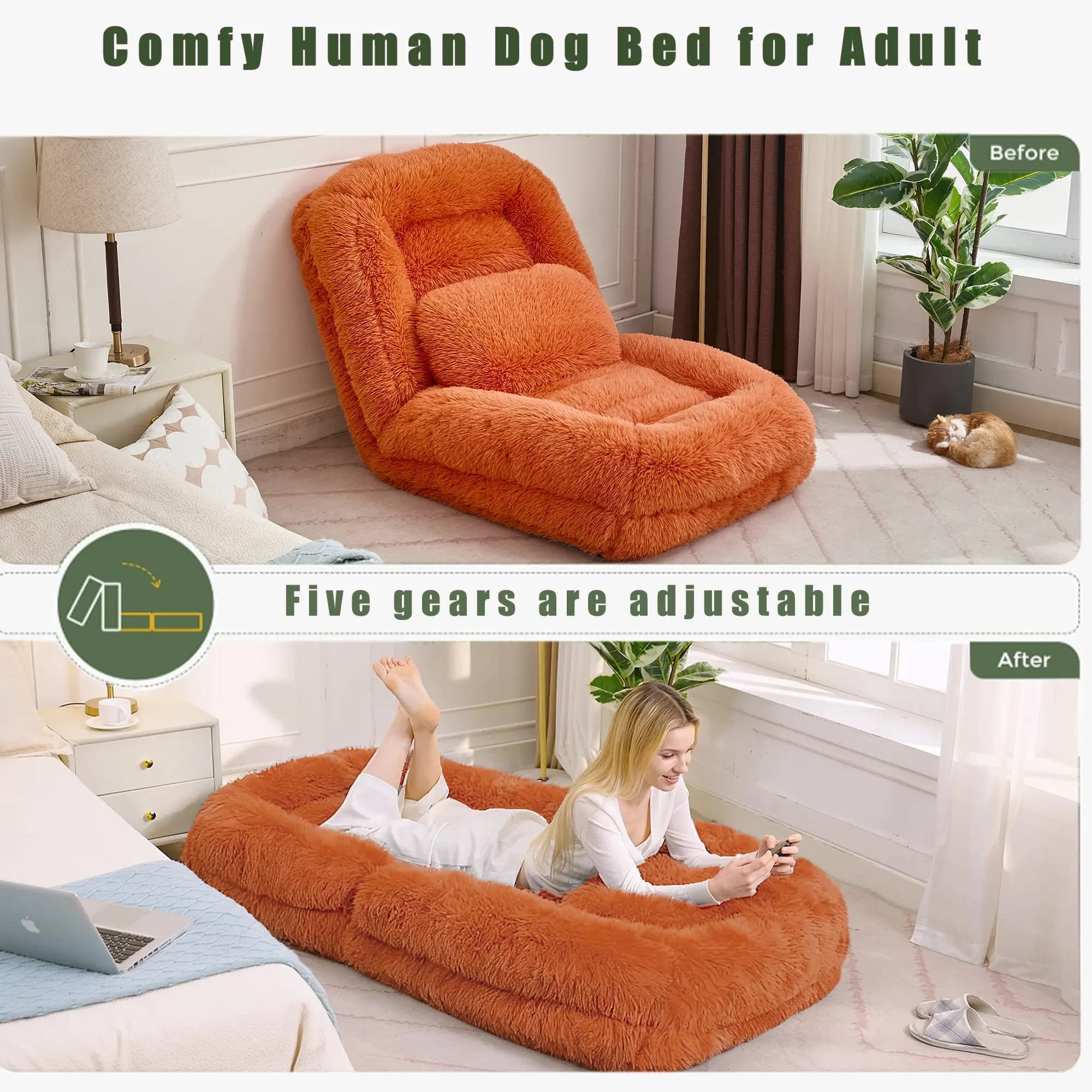 Aukfa Fold Lazy Sofa Bed, Floor Chair Small Couch with 5 Adjustable for Living Room, Plush Fabric,Orange