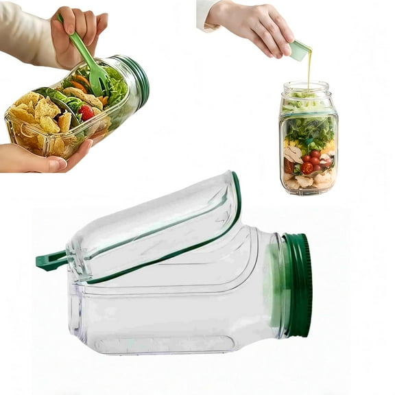 Salad Jar, Salad pod, Mason Jar Salad Container with Side Opening, Dressing Bowl, Sauce Compartments, Microwave-Safe, Freezer and Dishwasher Friendly for Safe for Meal Prep & Travel (1pcs)