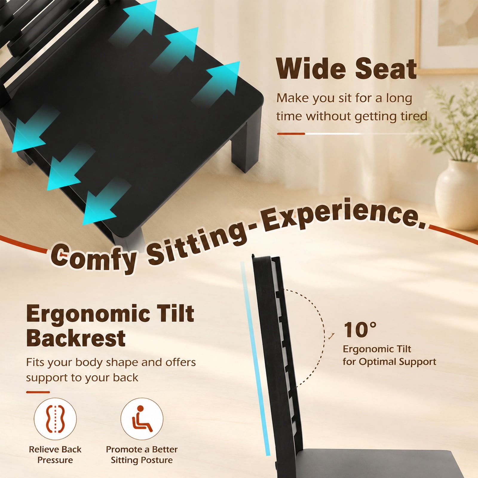 Furnibear Wooden Dining Chairs Set of 2 Solid Rubber Wood Kitchen Chairs with Curved Backrest for Kitchen and Dining Room, Black