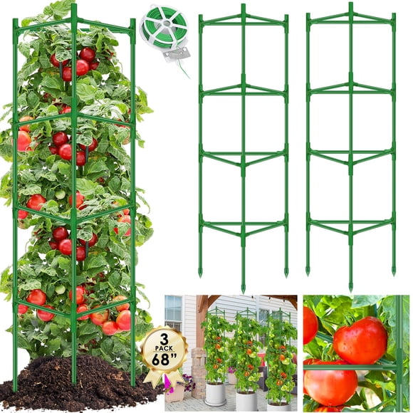Cages à Tomates pour Jardin, 3 Paquets - Cage à Tomates en Acier Robuste, Haute jusqu'à 68 Po et 164 Pi, Attache Torsadée, Piquets pour Plantes de Tomates, Cages de Soutien, Treillis