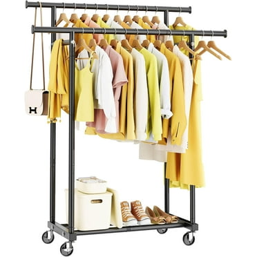 Double Rods Clothes Rack, Rolling Clothing Rack for Hanging Clothes Portable Wardrobe Rack, Metal Garment Rack Sturdy Coat Rack for Bedroom Laundry Living Room, Black
