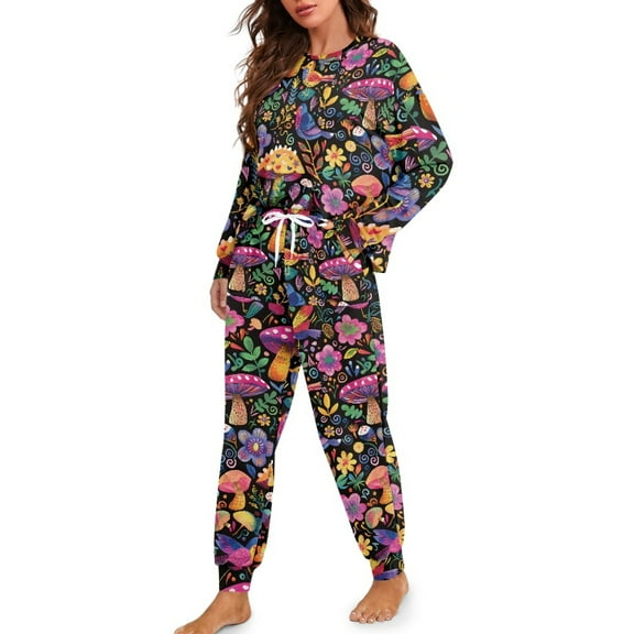 DISNIMO Mushroom Flower Print Women Pajamas Sets 2 Piece Pj Sets Long Sleeve Nightwear Round Neck Sleepwear with Long Pants Soft Casual Pjs Lounge Set, S