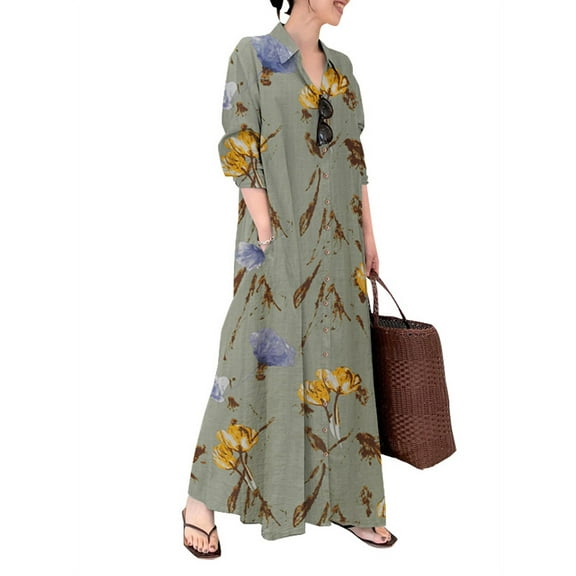 ZANZEA Women Casual Long Sleeve Floral Print Shirt Dress Button Down Maxi Blouse Dress