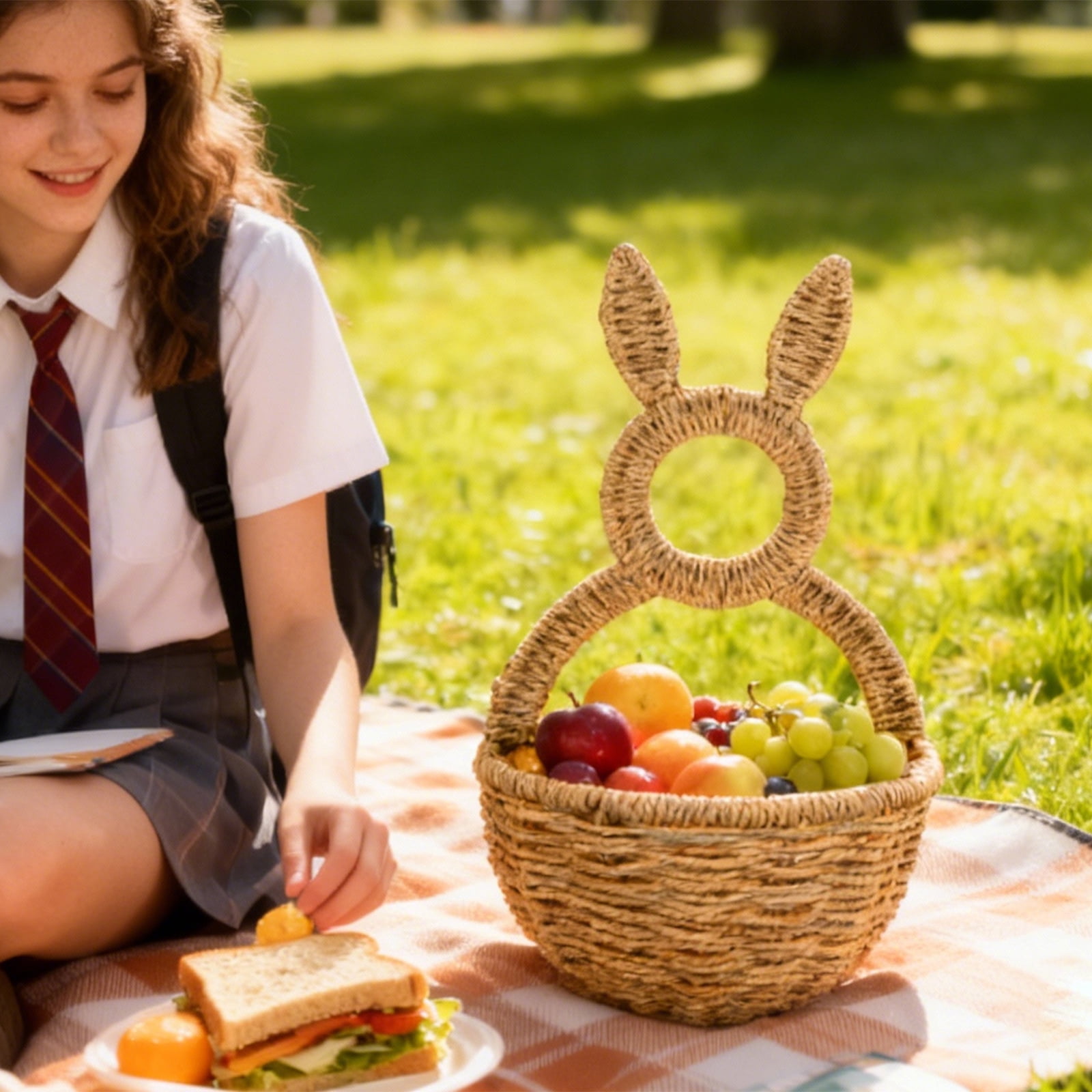 Solid Ear Woven Rabbit Basket, 15.7 Inch Cute Rattan Bunny-Shaped Storage Basket, Multipurpose Organizer for Easter Home Decor