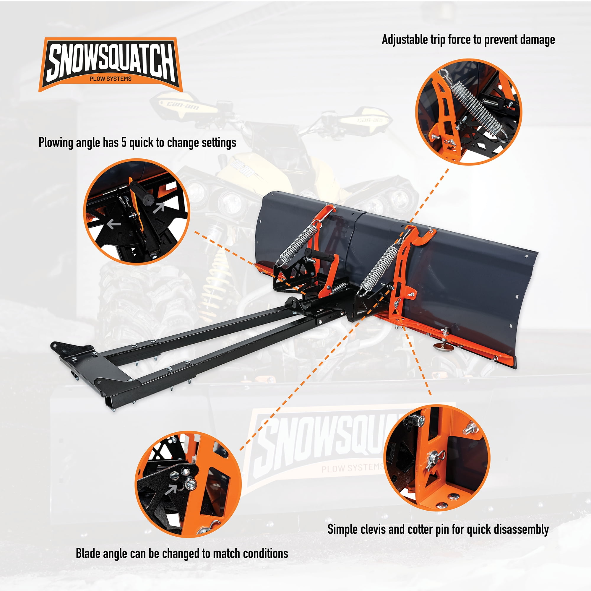 SNOWSQUATCH UTV Snow Plow System 60-72 inch Adjustable Steel Blade Mount Kit 519-KPL2225W