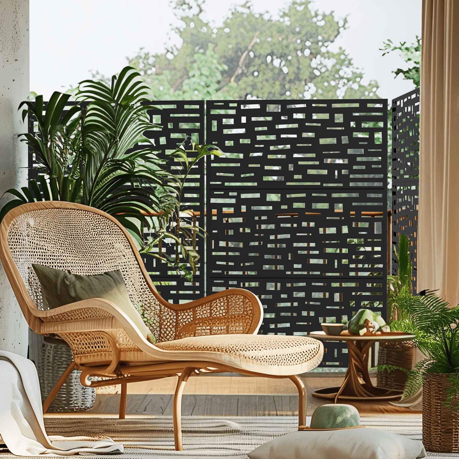 MAYEERTY 72"x47" Outdoor Privacy Screen, 3 Panels Freestanding Metal Room Dividers for Balcony Decorative, Black