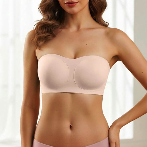 Womens Strapless Jelly Bras Push Up Padded Bandeau Wireless Half Bra(Beige,S)