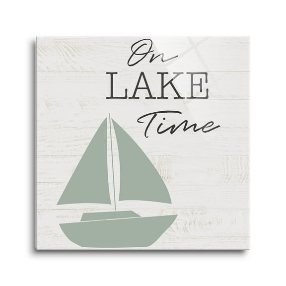 On Lake Time White Woodgrain Boat 12 x 12 Glass Wall Hanging Sign