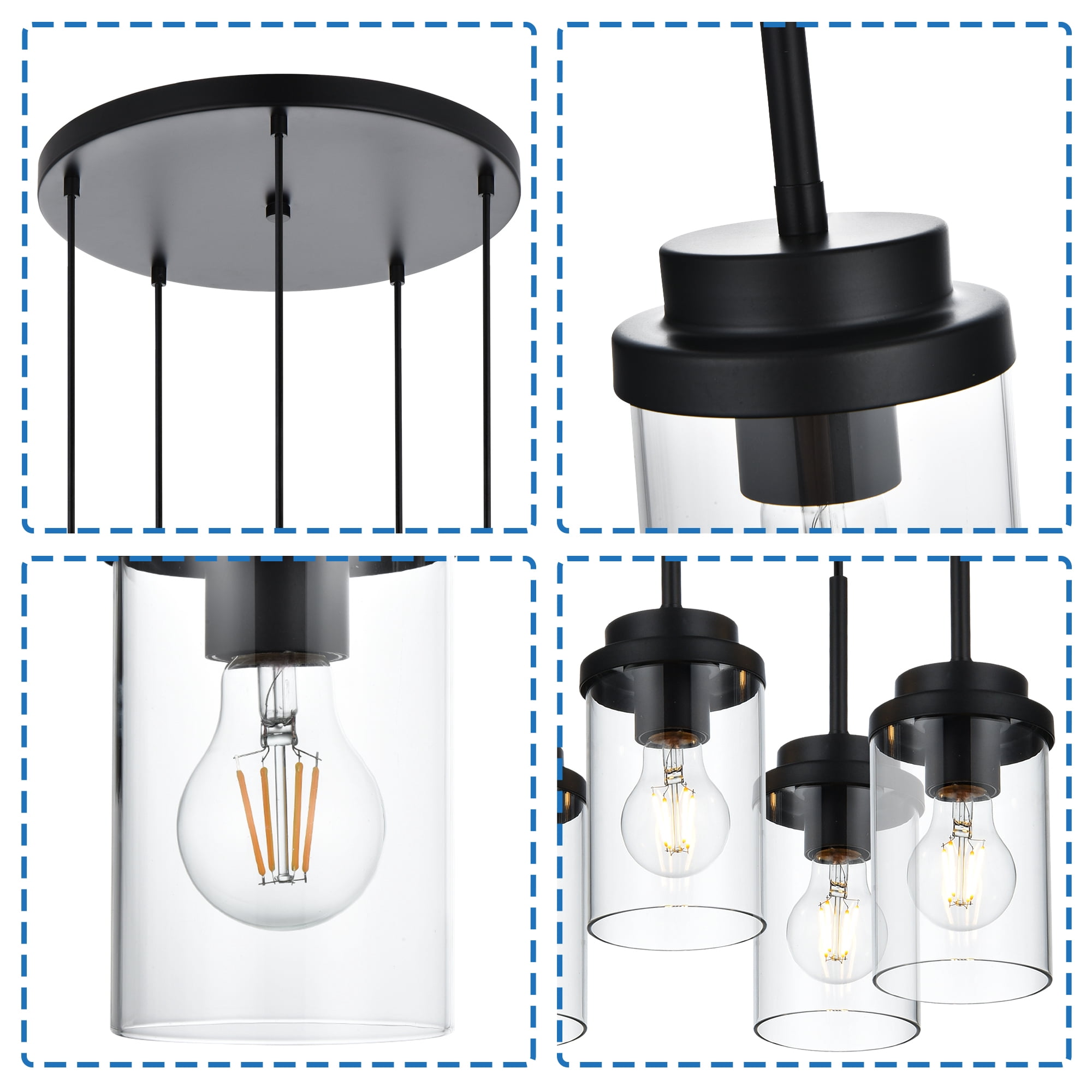MELUCEE 5-Light Pendant Light Fixtures Ceiling Hanging Cluster Chandelier Black with Clear Glass Shade