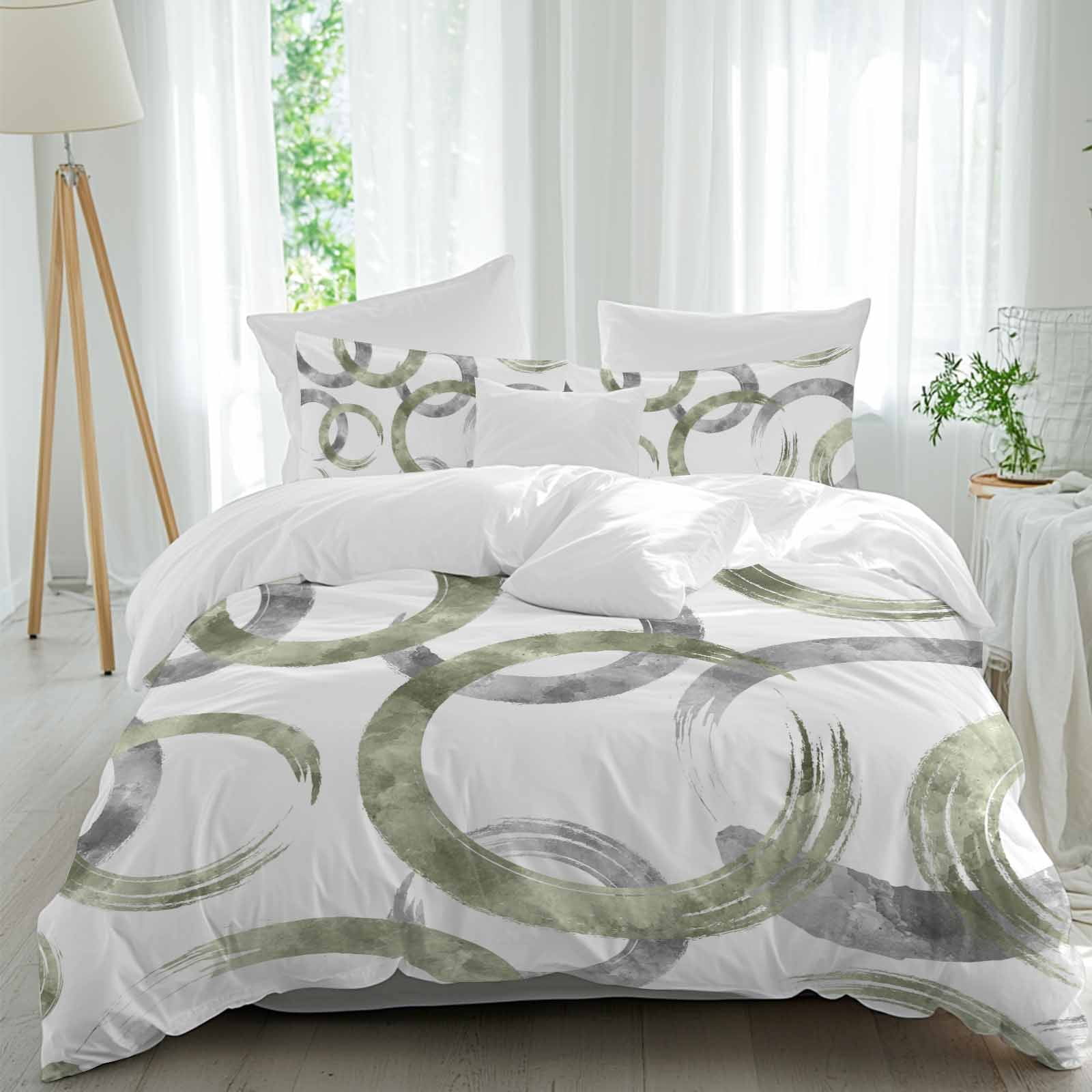 Sage Green Grey Bedding 3 Piece Duvet Cover Set Twin Size, Geometric Circle Modern Abstract Simple Art Soft Microfiber Comforter Cover with Zipper Closure & Pillowcases, FadeResistant Quilt Cover