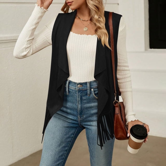 Chaqueta y abrigo informal sin mangas y sin capucha para mujer, estilo hippie de los años 70, con flecos lisos, estilo western, de gamuza sintética