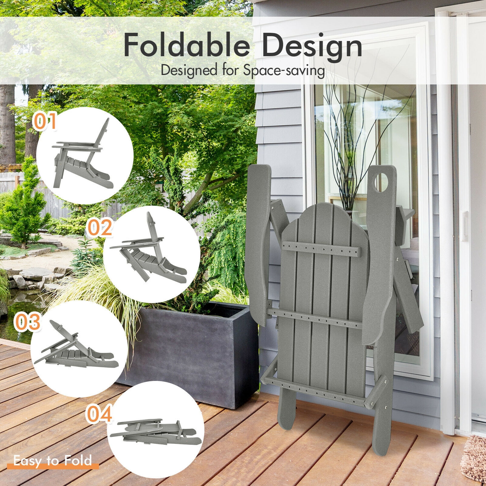 Gymax 2PCS Patio Folding Adirondack Chair Weather Resistant Cup Holder Yard Grey