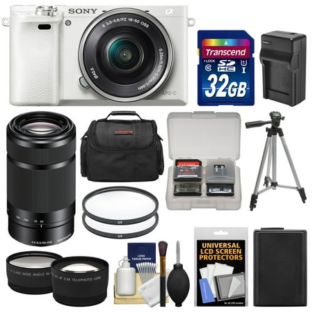 Sony Alpha A6000 Wi-Fi Digital Camera & 16-50mm Lens (White) with 55-210mm Lens + 32GB Card + Case + Battery/Charger + Tripod + Tele/Wide Lens
