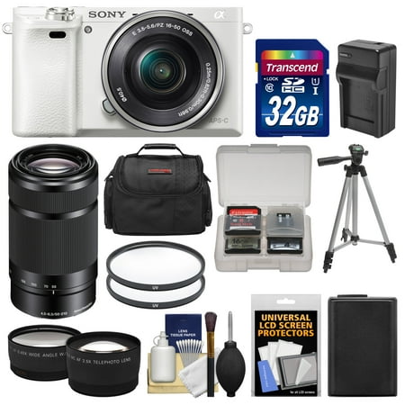 Sony Alpha A6000 Wi-Fi Digital Camera & 16-50mm Lens (White) with 55-210mm Lens + 32GB Card + Case + Battery/Charger + Tripod + Tele/Wide Lens Kit
