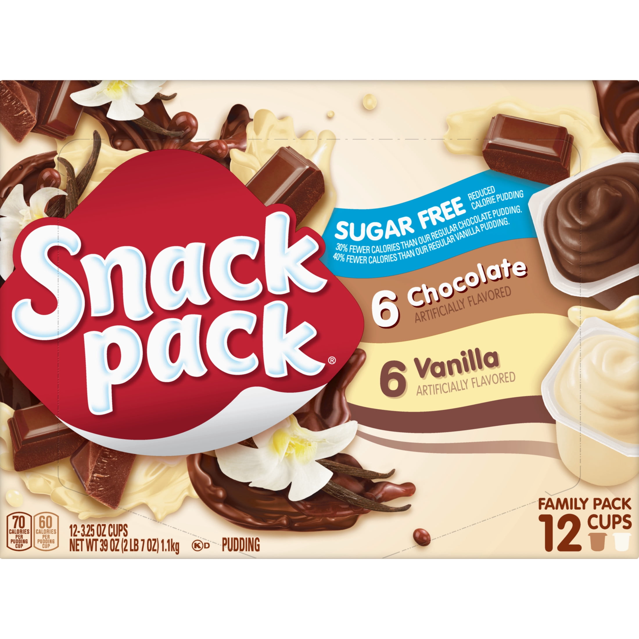 (4 pack) Snack Pack Zero Sugar Chocolate Pudding and Vanilla Pudding, 3.25 oz Pudding Cups, 12 Count Family Pack
