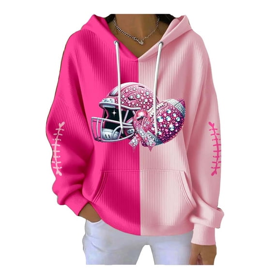 Womens Breast Cancer Top Hooded Drawstring Ribbed Print Color Block Hoodie Breast Cancer Awareness Day Pink Outfit (XL, Pink-A)
