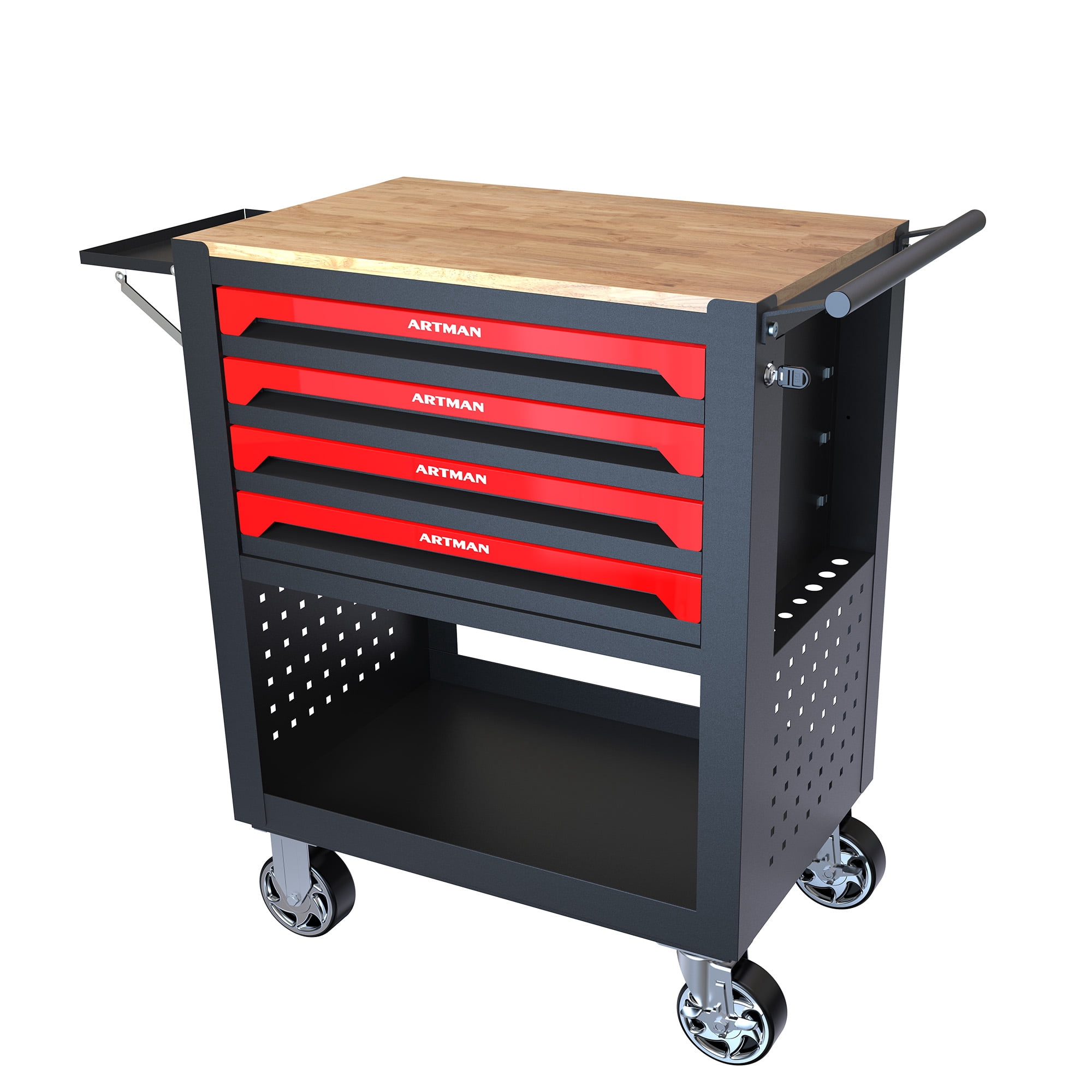 4 Drawers Tool Cart With Wheels And Wooden Top