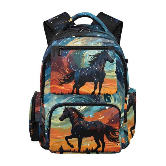 FUIALDOLG Horse and Starry Sky Design Large Capacity School Bag for Casual Commute, Breathable Padded Shoulder Straps 600D Polyester Book Bag