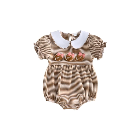 Baby Girl Football Outfit Striped Short Bubble Sleeve Doll Collar Romper