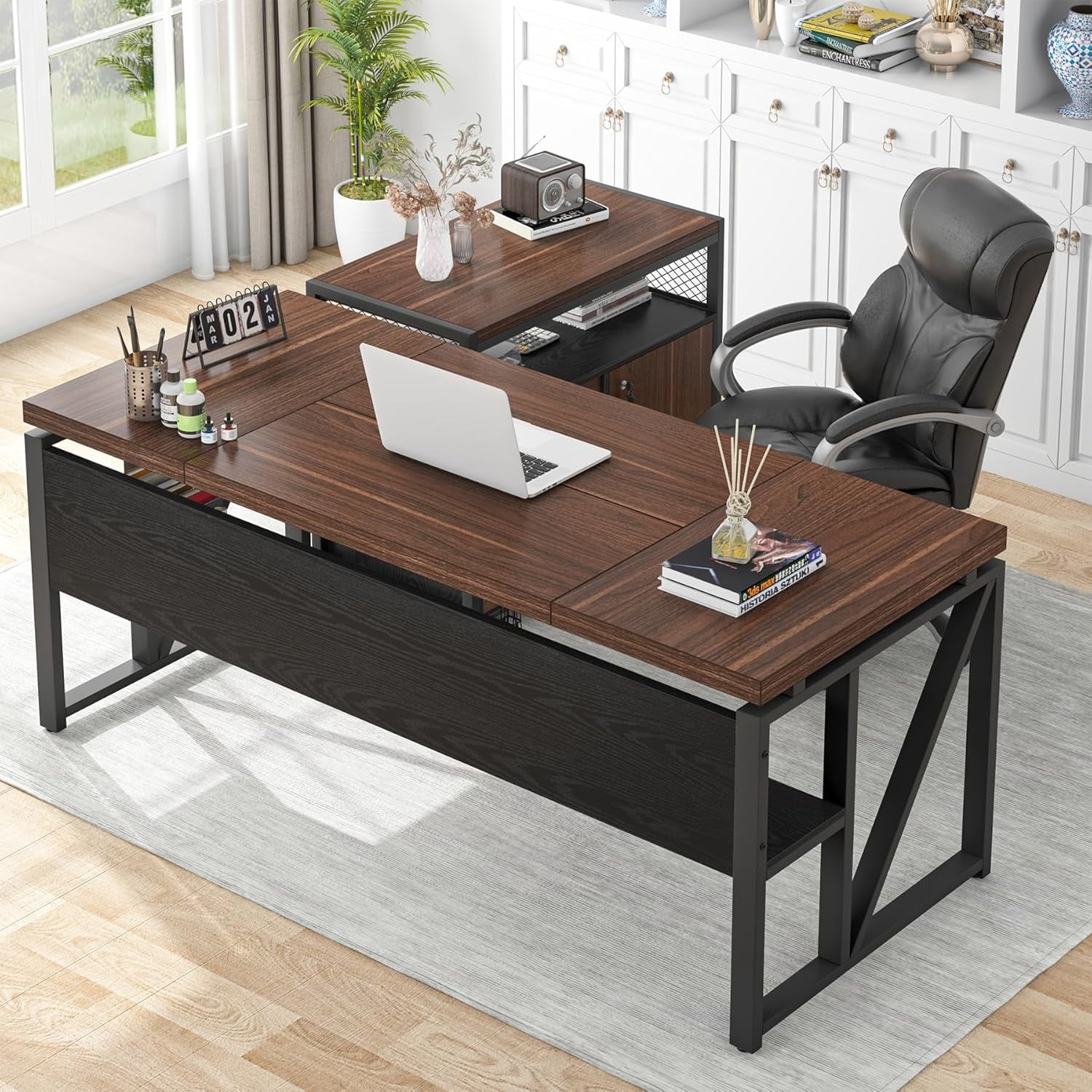 Tribesigns 63" L-Shaped Executive Desk with Drawers, Office Computer Desk with lateral File Cabinet (Dark Brown, 63 inches)