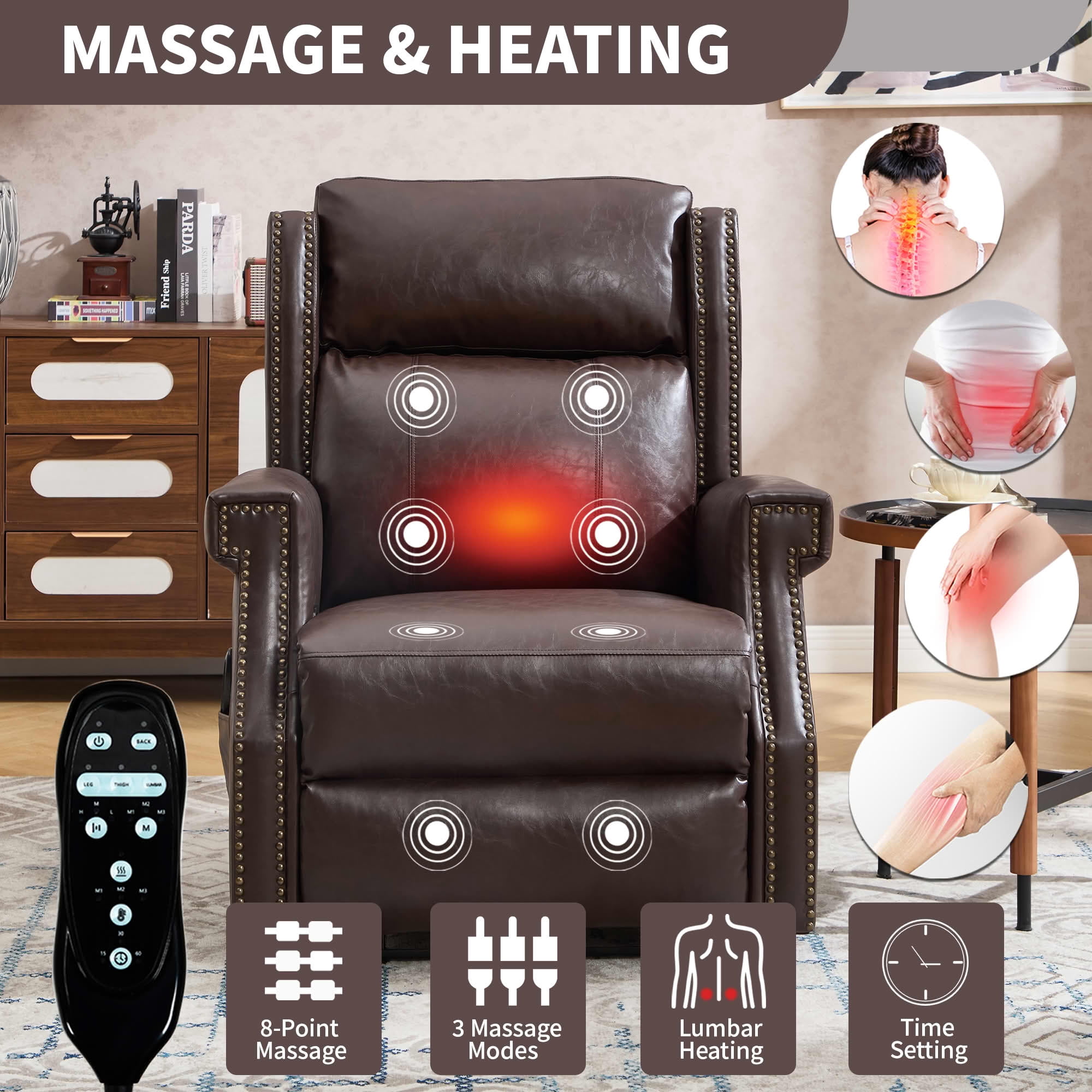 MAYEERTY Antique Brown Faux Leather Manual Recliner Chair, 8 Nodes Massage Heat 155° 35"x38"x40" for Living Room
